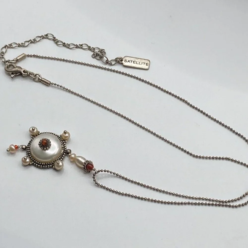 Unique Signed SATELLITE Bead Ball Chain Artisan Pearl Handcrafted 18” Necklace‎